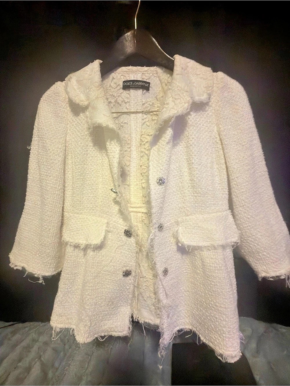 Dolce & Gabbana White Bouclé Jacket Skirt Set